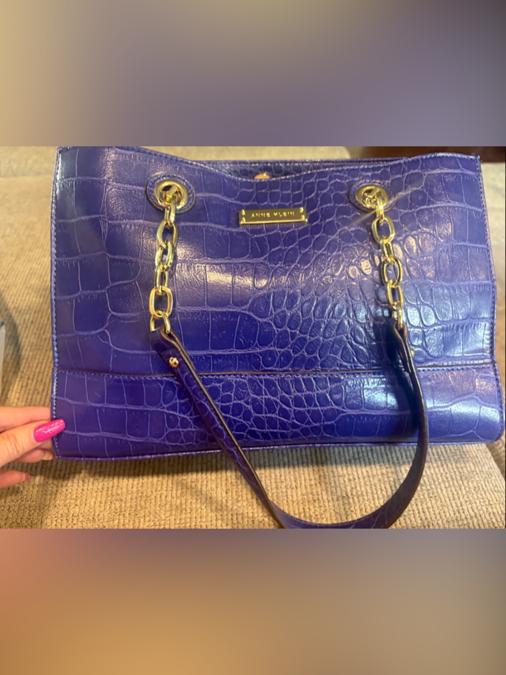 Anne Klein Purple Croc-Embossed Tote with Gold Chain Handles